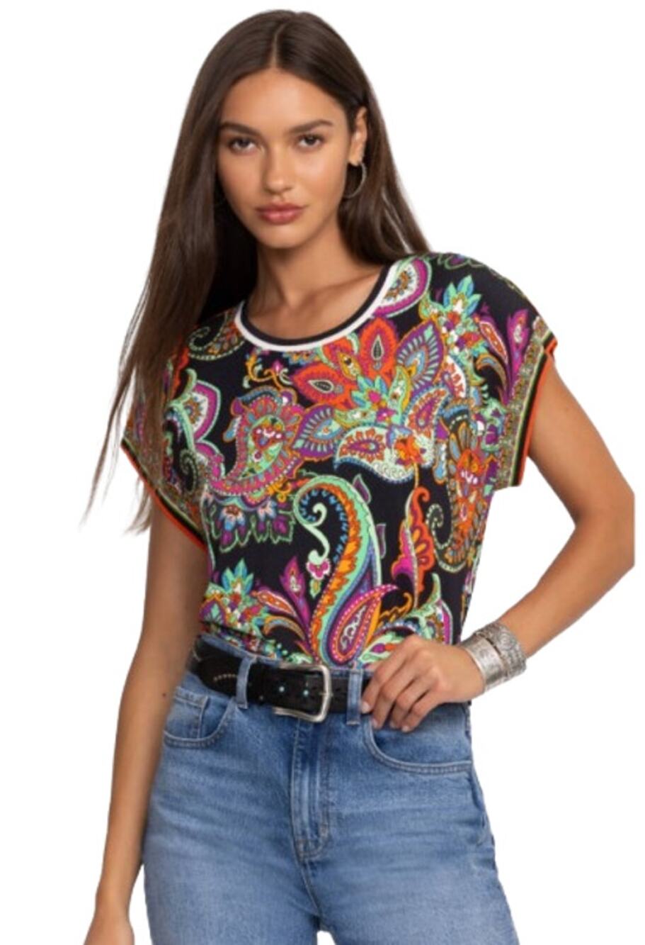 JOHNNY WAS Women's The Janie Favorite Relaxed Tee Medium Black Multi Print NWT